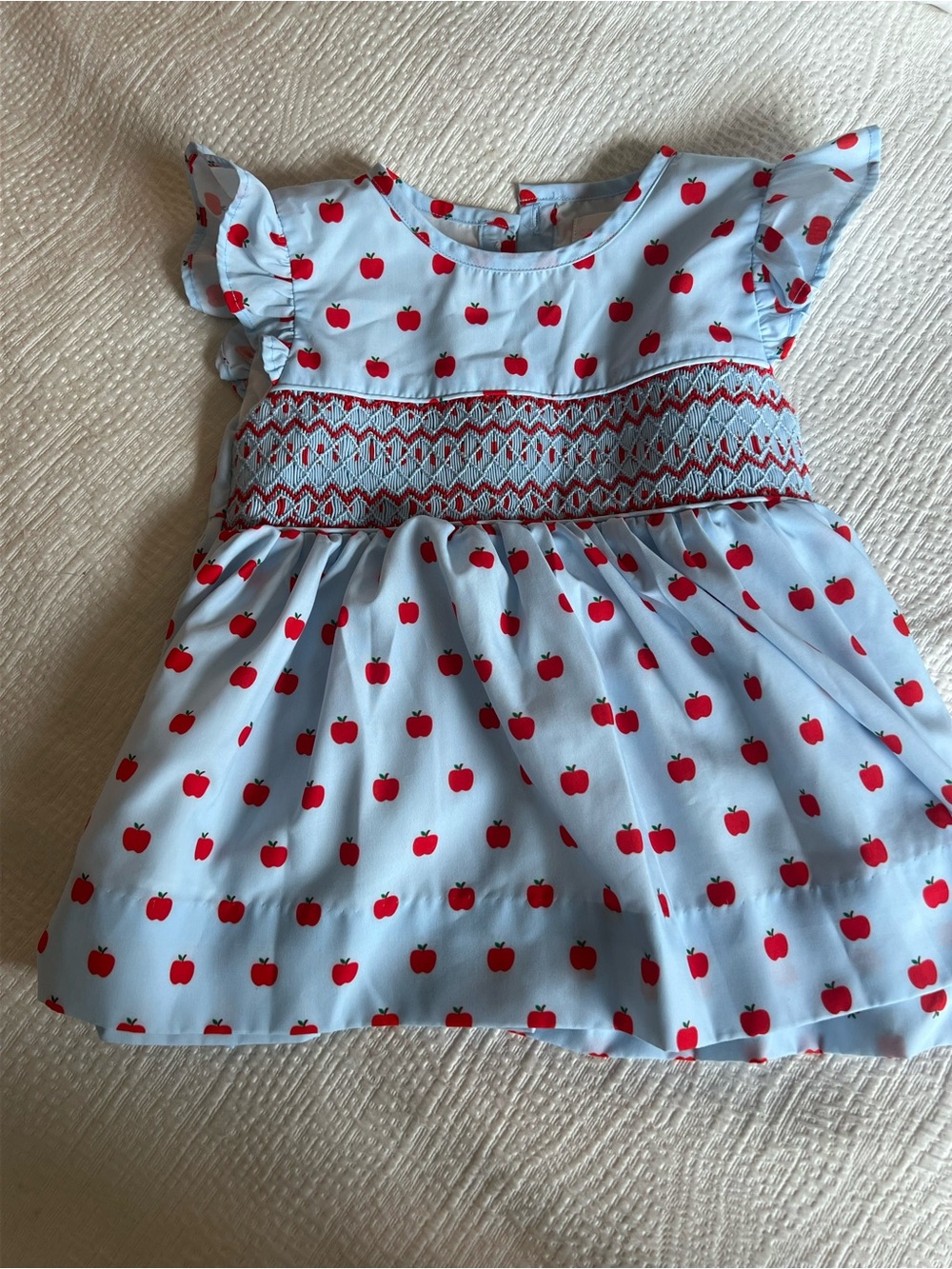 Toddler Girls Light Blue Apple Print Smocked Shirt Dress